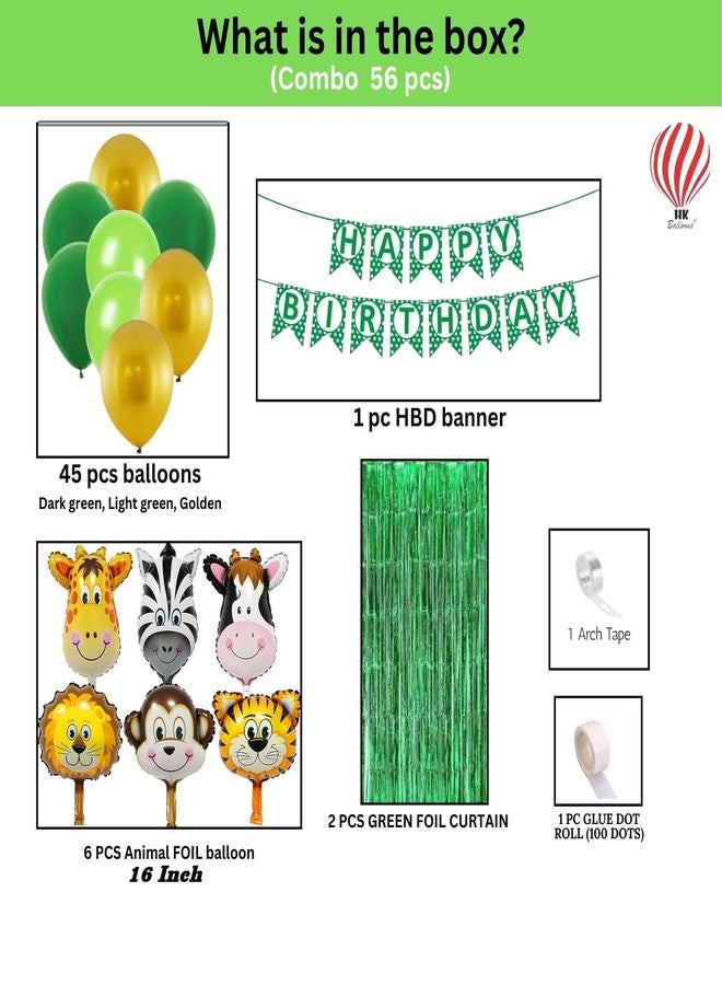 HK balloons Pack of 56 Pcs Jungle theme Birthday Party Decorations items For boys Forest Theme Happy Birthday Foil balloons Animal Face Foil, Chrome Balloons - Image 2